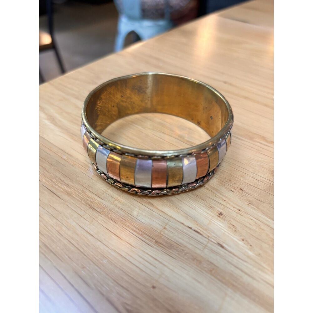 Vintage Tricolor Copper & Brass Mixed Metal Bangle Bracelets Made in India - Picture 2 of 5